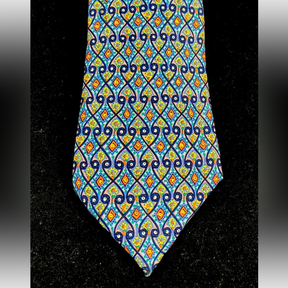 Vintage HERMES Blue Pink Yellow Pattern Men's 100% Silk Skinny Neck Tie 7586 SA